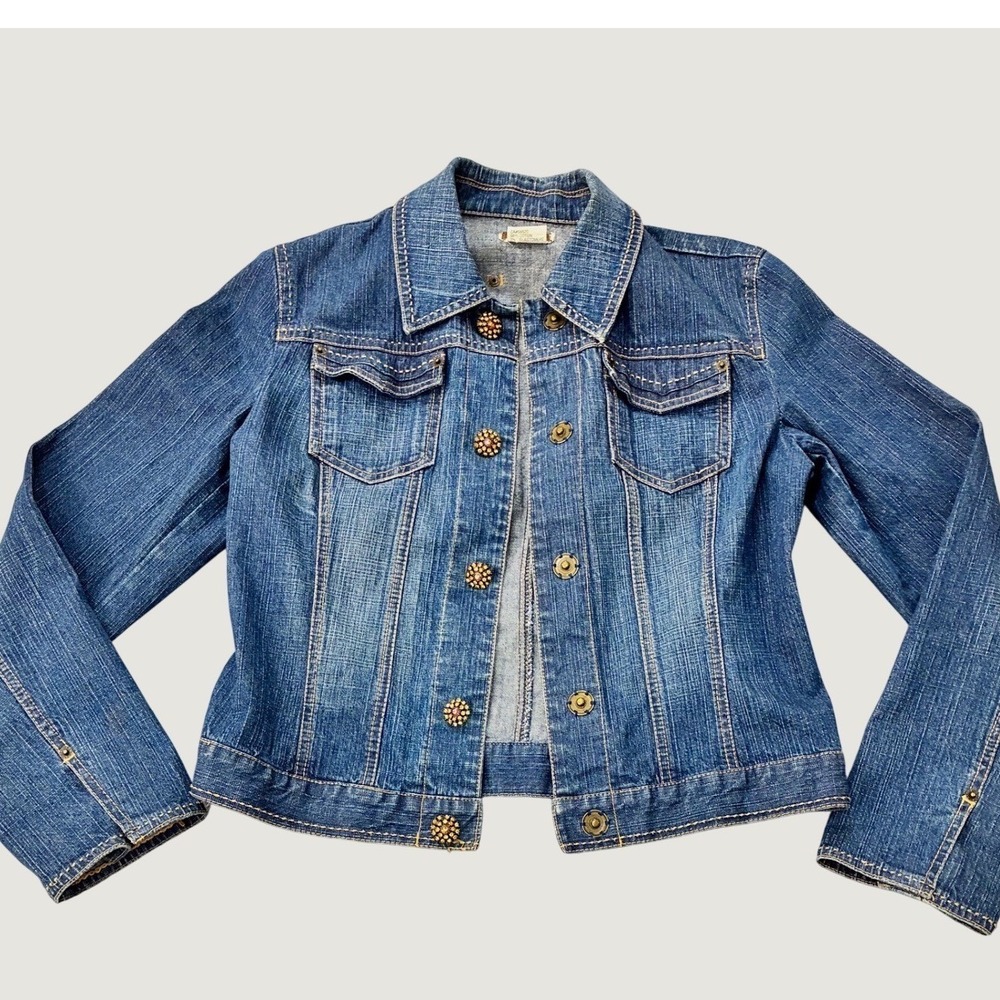 Nancy Bolen Denim Jacket Amber Bling Buttons Stretchy Cotton Blue Boho Western S - Picture 2 of 13